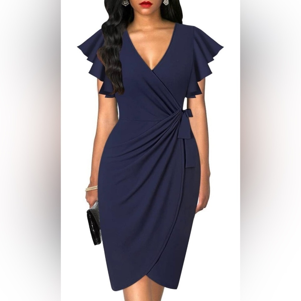 OTEN Deep V Neck Ruffle Sleeve Sheath Wrap Dress Side Zipper Purple Size XL